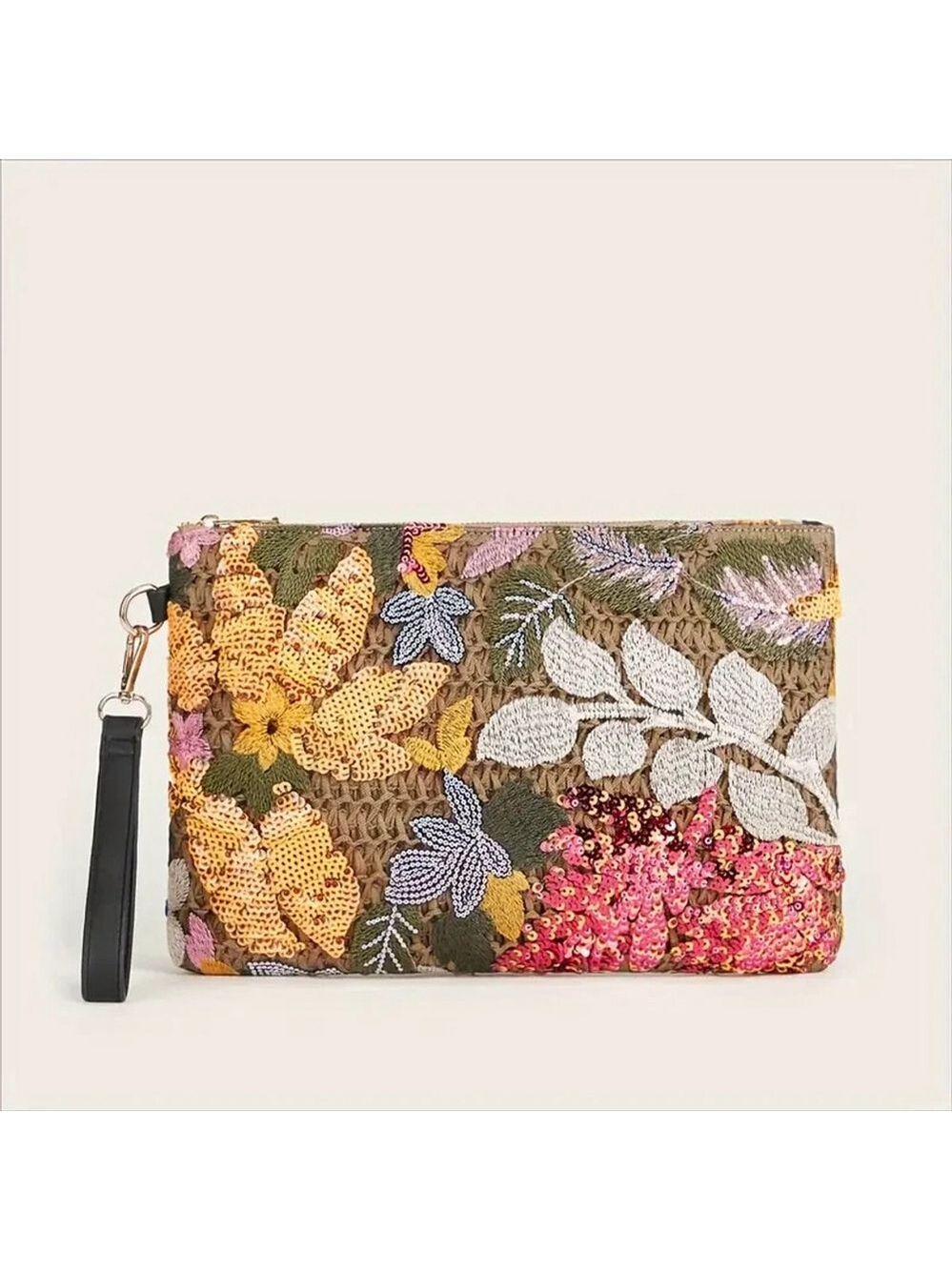 Embroidered Floral Sequin Wristlet Clutch - Multicolor